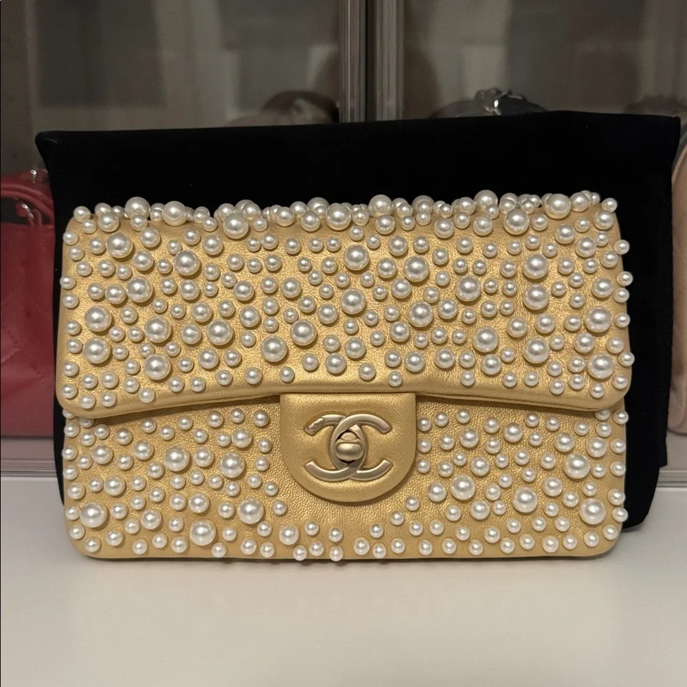 Authentic Rare Chanel Gold Pearl-Studded Flap Hand Bag